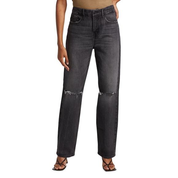 NWT Good American 90s Ripped Stretch Jeans Womens 2 Black Distressed Grunge - Picture 1 of 11